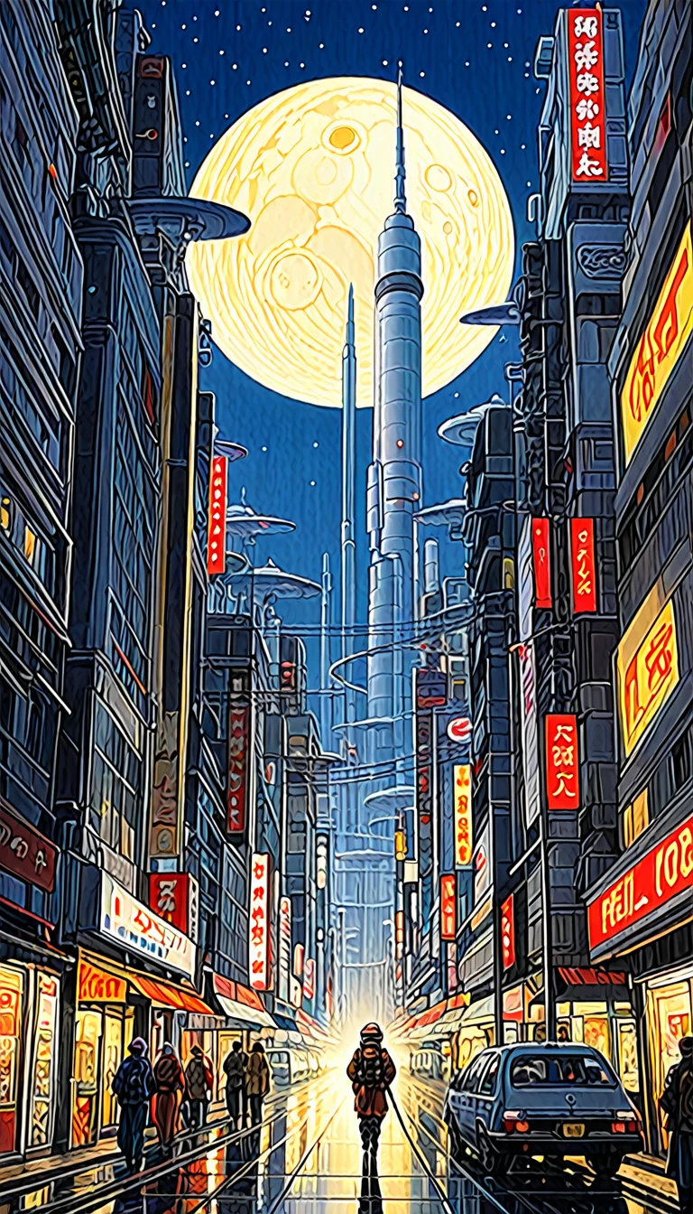 great futuristic landscape:1.5, night (inspired by art by Katsuhiro Otomo). oil painting)