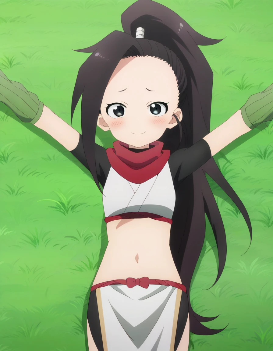  anime coloring, anime screencap, source_anime, anime,uncensored ,BREAK1girl,kunotsubaki, black eyes, black hair, long hair, asymmetrical bangs, forehead, high ponytail, ponytail,shirt, navel, red scarf, scarf short sleeves, pelvic curtain, shorts, green gloves, arm warmers, fingerless gloves,  BREAK, high quality, solo, lying, on back, arms up, spread arms, closed mouth, on grass, (cowboy shot:1.5), looking at viewer, nervous, smile, best quality, blushing, center,