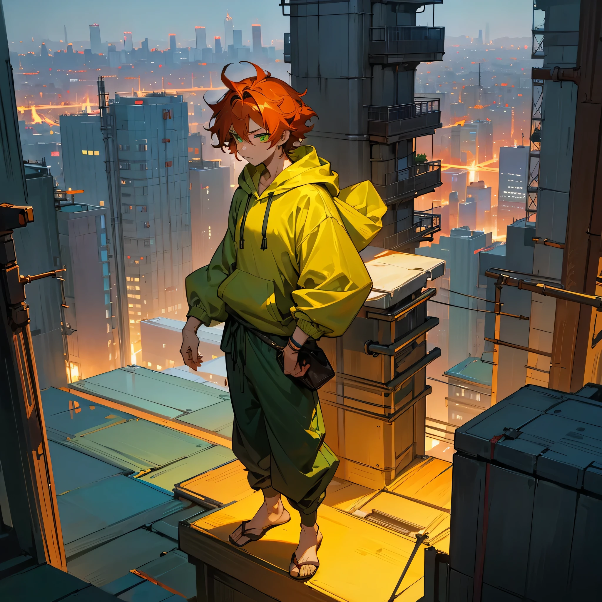 1male, adult, finely detailed green eyes, wild medium hair, saffron hair color, hoodie, baggy pants, standing on building, night time, tokyo streets, somber expression, muscular, scars