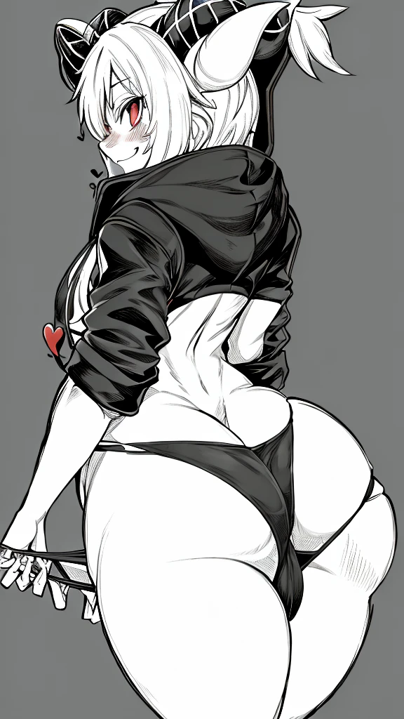 White hair, red eyes, black hoodie, hoodie, hood, bikini bottom, micro bikini, smile, cute smile, lusty smile, shy, blush, blushing, dark skin, thighs, thick thighs, big ass, red hearts, heart pupils, ass focus, demon horns, back view, looking back at viewer, holding own ass, grabbing own ass, anime, lineart, manga like, black and white, pulling panties, pulling on panties, pulling panties up, 