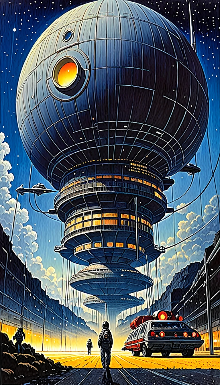 great futuristic landscape:1.5, night (inspired by art by Katsuhiro Otomo). oil painting)