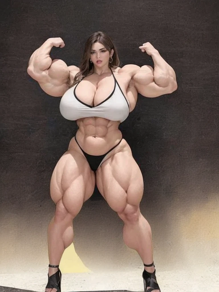 mulher arafiada de saia e camisa posando em frente a um quadro negro, poderoso e enorme, hyperestudante realista, exaggeratedly large physique, estudante realista, garota musculosa, huge legs towering over you, um hiperrealista , feminine and muscular, forte e imponente, huge muscles, huge muscles, big muscles, mulher ultraviolenta muscular