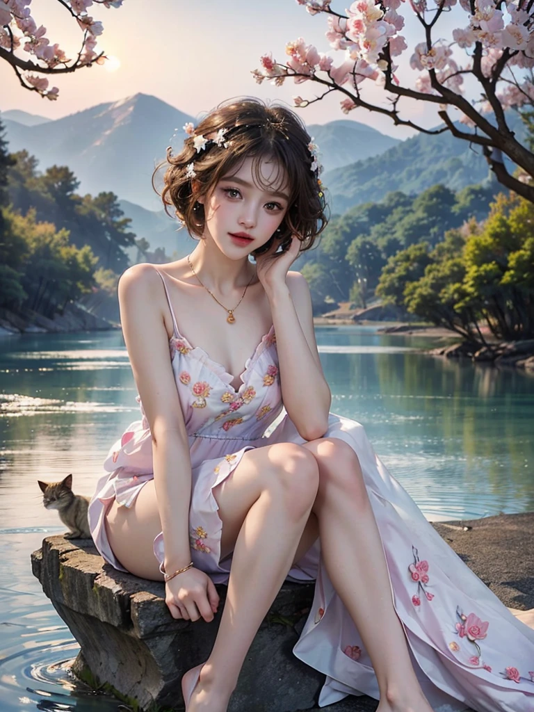 Masterpiece, Best quality, high resolution, realistic , hyperrealism , lifelike photography ,2024s, , alluring beautiful full body shot, (curly blondish brunette long hair, blue beautiful eyes), white skin with freckles,((( beautiful short cut naughty dress with flower embroidery and details ))), beautiful golden necklaces & bracelets, elegant bearing, beautiful landscape background of a rose & lilac & orchid garden, high budget , beautiful mesmerizing face and small nose, long and curly sparkling hair , holding a beautiful orange stray cat , clivage , sunset , pink clouds , yellowish red rays at the horizon, elegant posing, beautiful legs, fit body, gorgeous Russian woman standing and naughty posing at the lagoon shores, back shot, side shot , front shot, blue lagoon , full body shot at the frame , naughty smile , deep cut chest style dress,(( very short skirt)) ,windy summer breeze , reasonable naked body parts, reasonable nudity , ((beautiful cats sitting around her )), naughty girl
