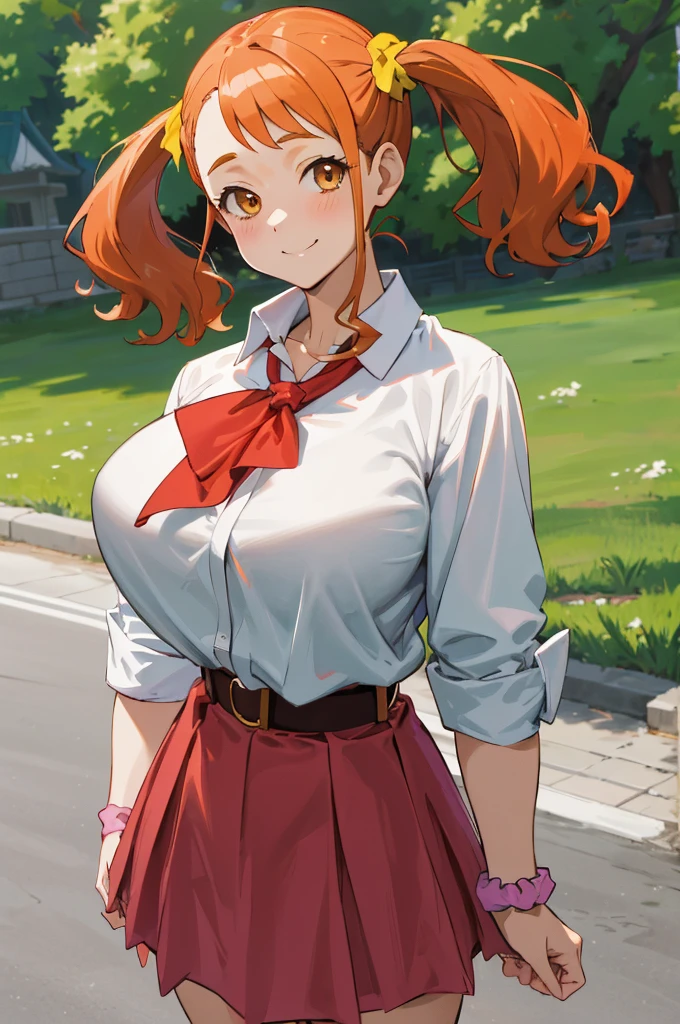 masterpiece, best quality, highres, 1girl, anjou naruko, hairclip, large breasts, , sleeves rolled up, wrist scrunchie, belt, white shirt, red skirt, socks, twintails, standing, outdoors, smile,'(huge breasts)