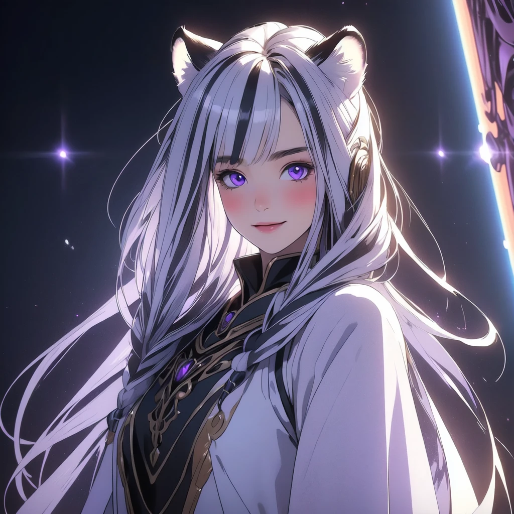 ((masterpiece)), (best quality), (ultra-detailed), photorealistic, (best illustration), ((an extremely delicate and beautiful)), 1girl, solo, long hair, tiger ears, [:tiger tail under:0.2], white hair, two-tone hair, full body, knight armor, crimson glowing details on armor, amulet on neck, Bracelets, crimson crystals in Bracelets, long lilac cape, open eyes, evil purple eyes, looking at viewer, malicious smile, blush, in space, goddess, low twin braids, loosen hair, quiet gesture, white armor, cybernetic armor, hyper detailed space,best illumination. 