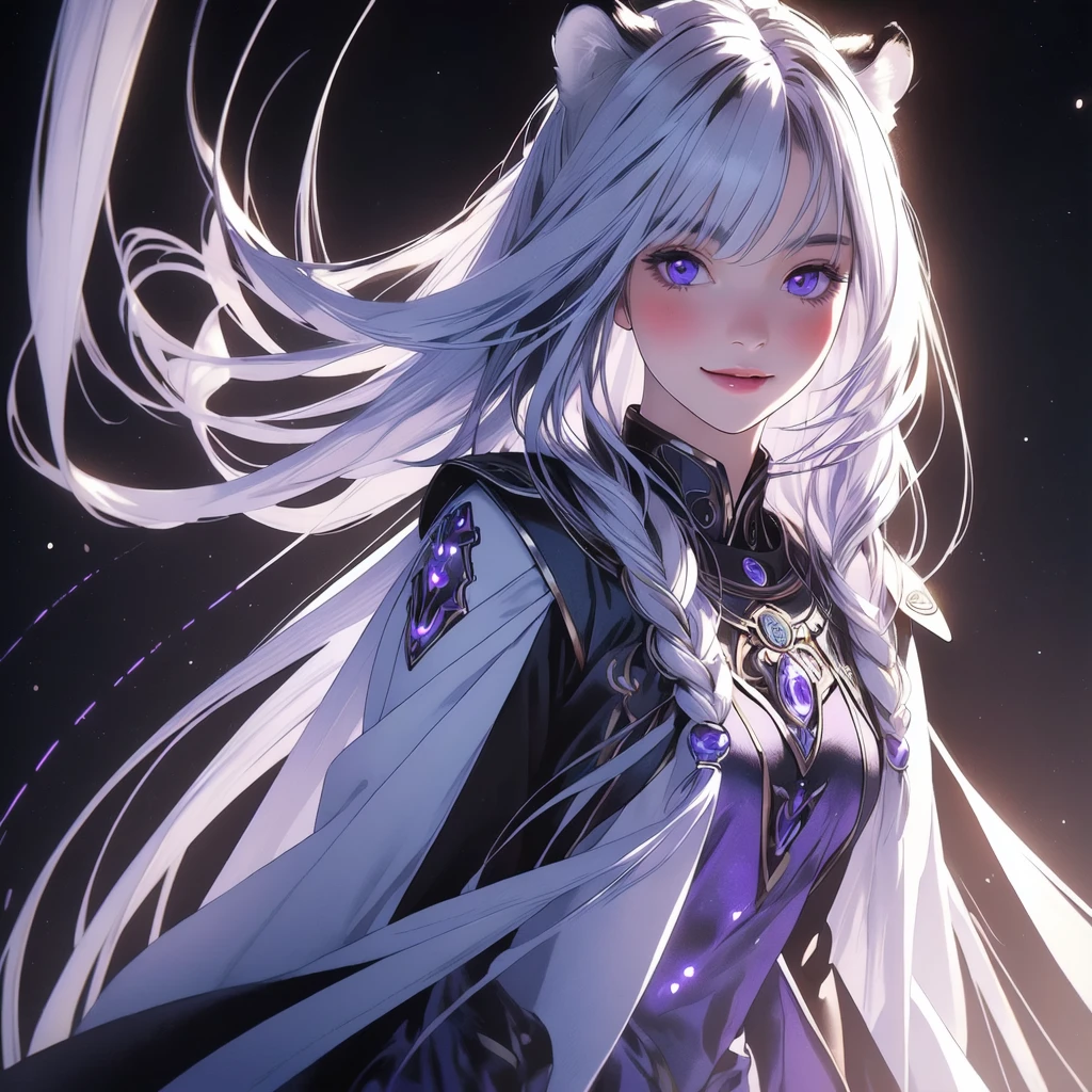 ((masterpiece)), (best quality), (ultra-detailed), photorealistic, (best illustration), ((an extremely delicate and beautiful)), 1girl, solo, long hair, tiger ears, [:tiger tail under:0.2], white hair, two-tone hair, full body, knight armor, crimson glowing details on armor, amulet on neck, Bracelets, crimson crystals in Bracelets, long lilac cape, open eyes, evil purple eyes, looking at viewer, malicious smile, blush, in space, goddess, low twin braids, loosen hair, quiet gesture, white armor, cybernetic armor, hyper detailed space,best illumination. 