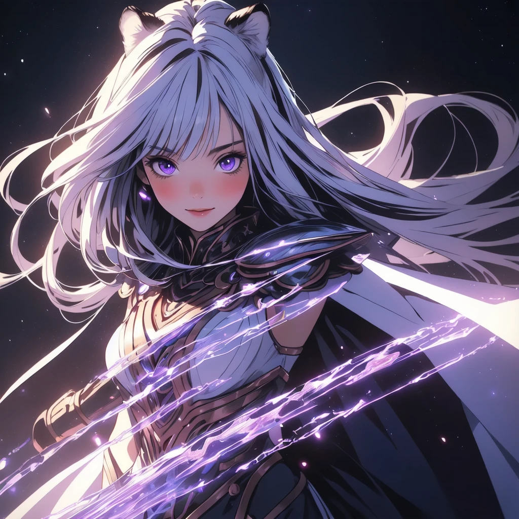 ((masterpiece)), (best quality), (ultra-detailed), photorealistic, (best illustration), ((an extremely delicate and beautiful)), 1girl, solo, long hair, tiger ears, [:tiger tail under:0.2], white hair, two-tone hair, full body, knight armor, crimson glowing details on armor, amulet on neck, Bracelets, crimson crystals in Bracelets, long lilac cape, open eyes, evil purple eyes, looking at viewer, malicious smile, blush, in space, goddess, low twin braids, loosen hair, quiet gesture, white armor, cybernetic armor, hyper detailed space,best illumination. 