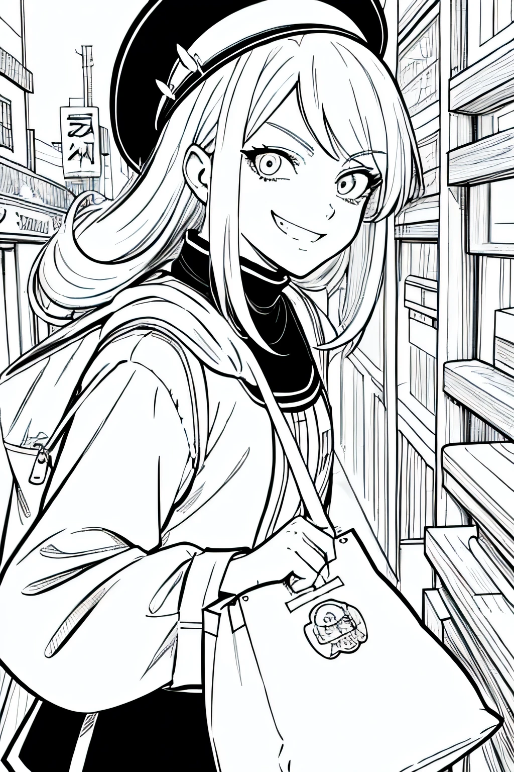 best quality, high resolution, detailed background, high contrast, A mischievous anime character with a sly grin and a bag of tricks, clean line drawings, vibrant colors

