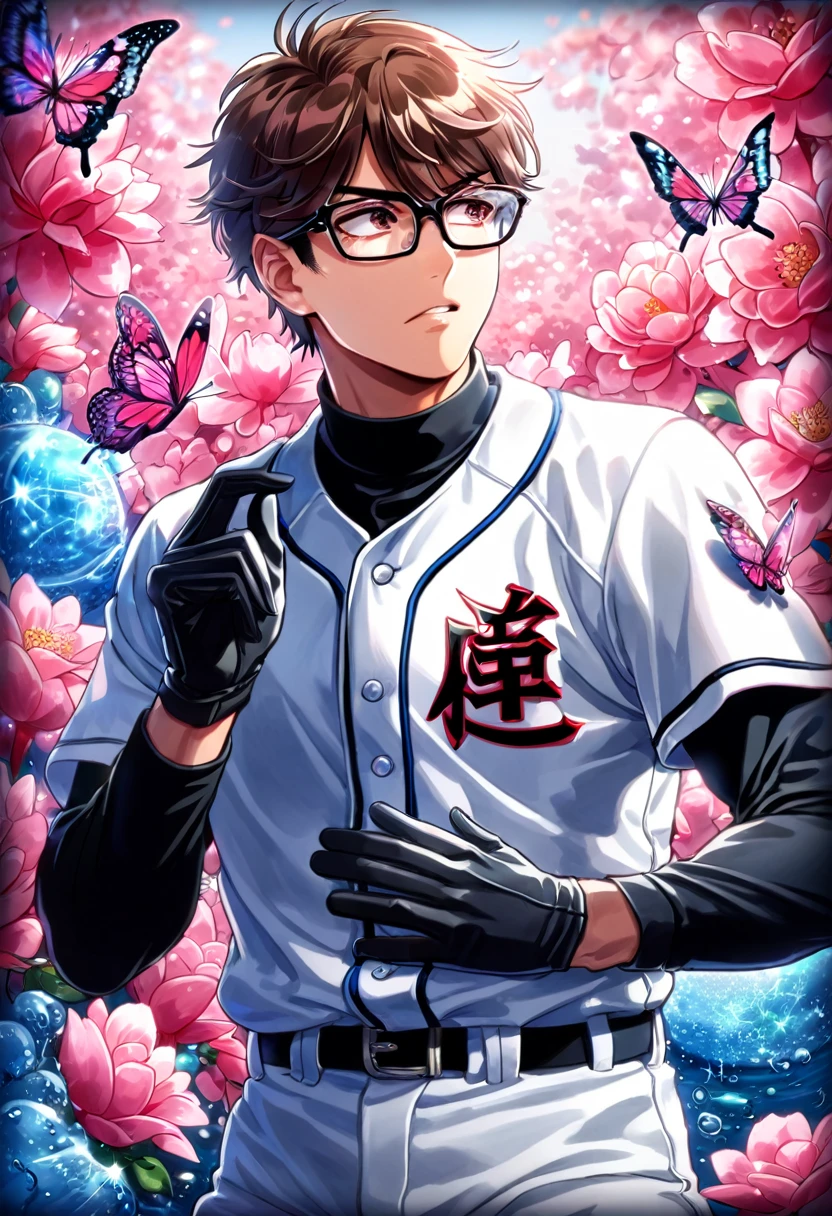 absurdres, highres, ultra detailed, HDR, master piece, best quality, Miyuki Kazuya, brown hair, messy and windswept, expressive amber eyes, glasses with black frames, diamond no ace, solo, sexy man, handsome, white baseball uniform, black gloves, magical, fantasy, shining, pink flowers, pink blossoms, pink butterflies, pink petals, water