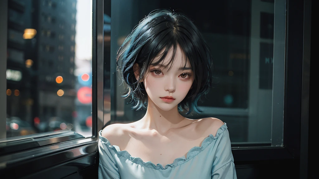 High quality, 16k, 8k, HD, best quality, black and cyan hair color, short hair, perfect face, beautiful, without makeup, restless face, looking out the window, nighttime, midnight, quiet, cyberpunk, nightgown, midnight, feeling uncomfortable, oppai, faceless 