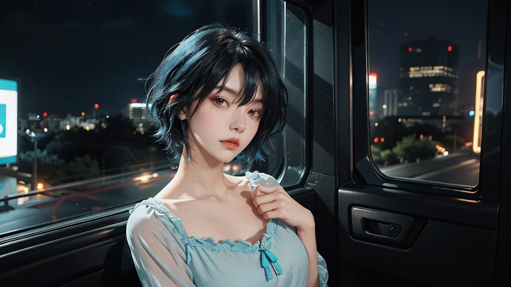 High quality, 16k, 8k, HD, best quality, black and cyan hair color, short hair, perfect face, beautiful, without makeup, restless face, looking out the window, nighttime, midnight, quiet, cyberpunk, nightgown, midnight, feeling uncomfortable, oppai, faceless 