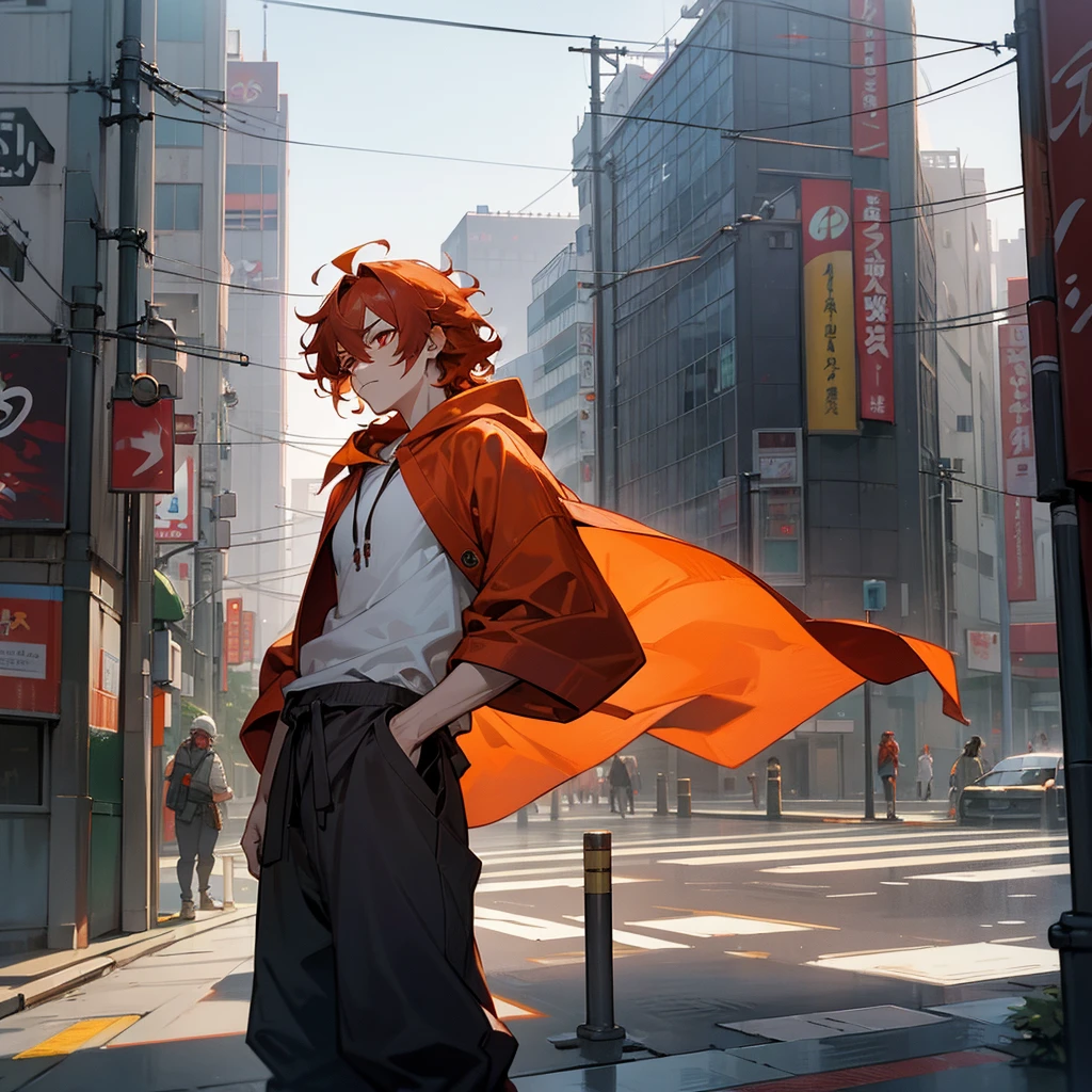 1male, adult, finely detailed red eyes, wild medium hair, saffron hair color, hoodie, baggy pants, standing on building, day time, tokyo streets, calm expression, muscular, scars