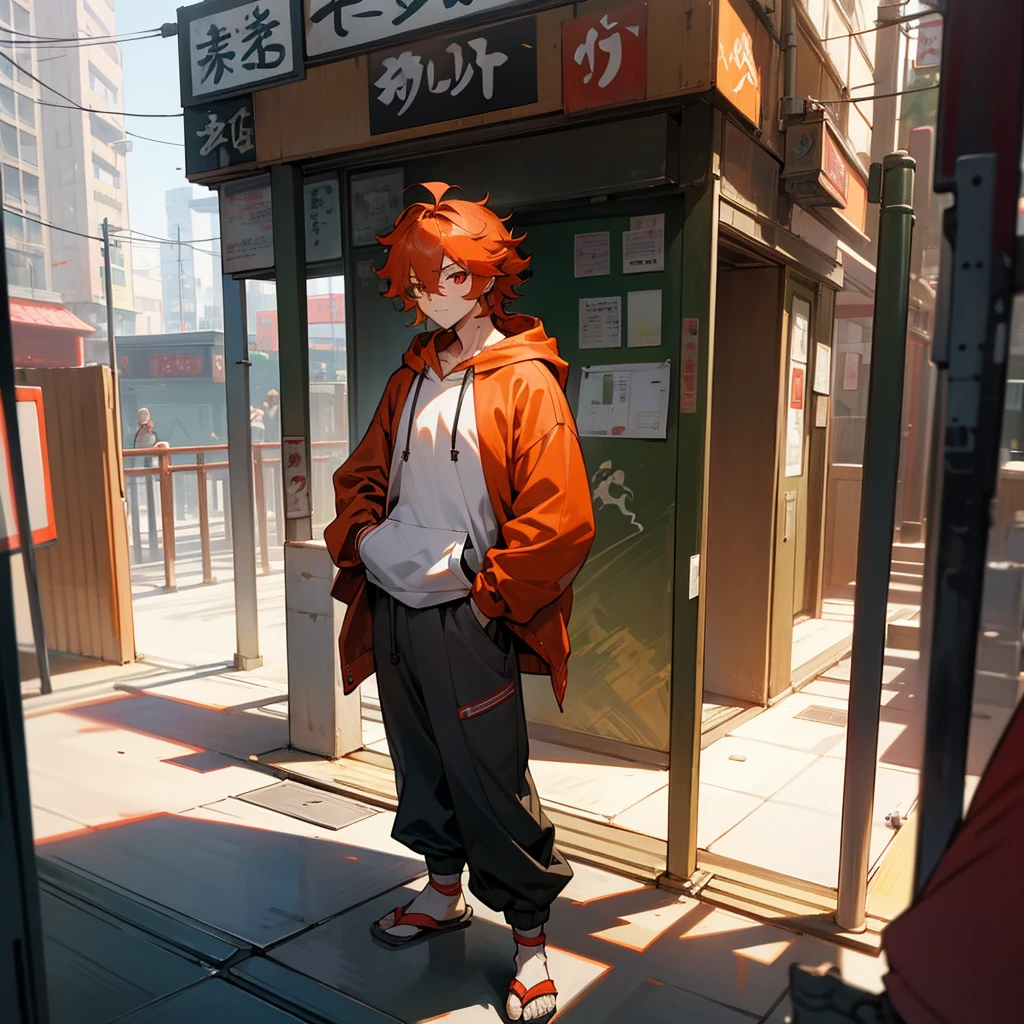 1male, adult, finely detailed red eyes, wild medium hair, saffron hair color, hoodie, baggy pants, standing on building, day time, tokyo streets, calm expression, muscular, scars