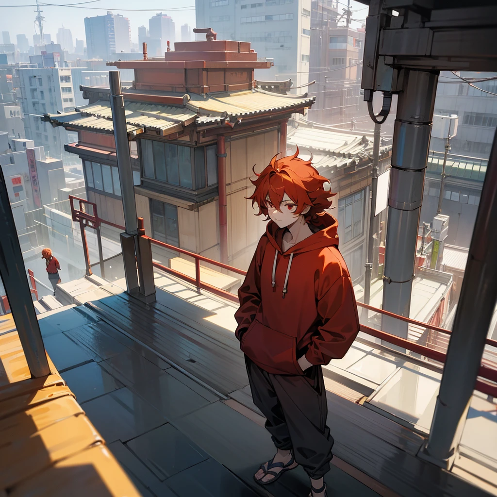 1male, adult, finely detailed red eyes, wild medium hair, saffron hair color, hoodie, baggy pants, standing on building, day time, tokyo streets, calm expression, muscular, scars