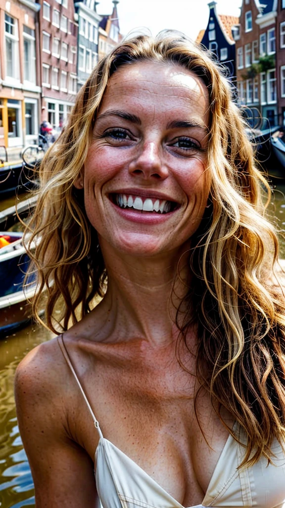 raw closeup of a stunningly beautiful young woman, With a big smile looking by the camera by the canals of holland, shops selling gouda cheese, RAW, 8K, UHD, natural lighting, perfect day, amateur, candid, extreme close up,