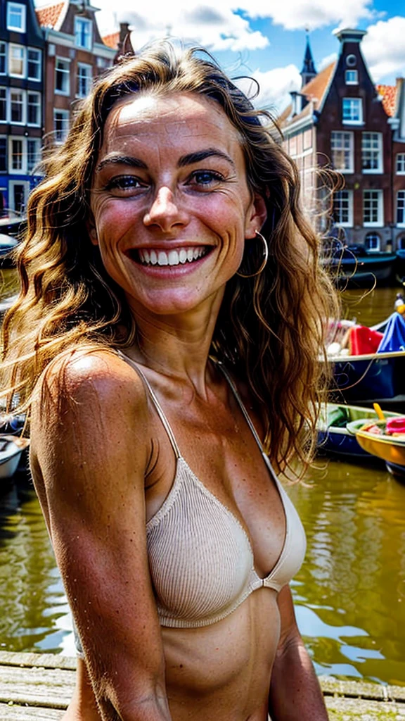 raw closeup of a stunningly beautiful young woman, With a big smile looking by the camera by the canals of holland, shops selling gouda cheese, RAW, 8K, UHD, natural lighting, perfect day, amateur, candid, extreme close up,