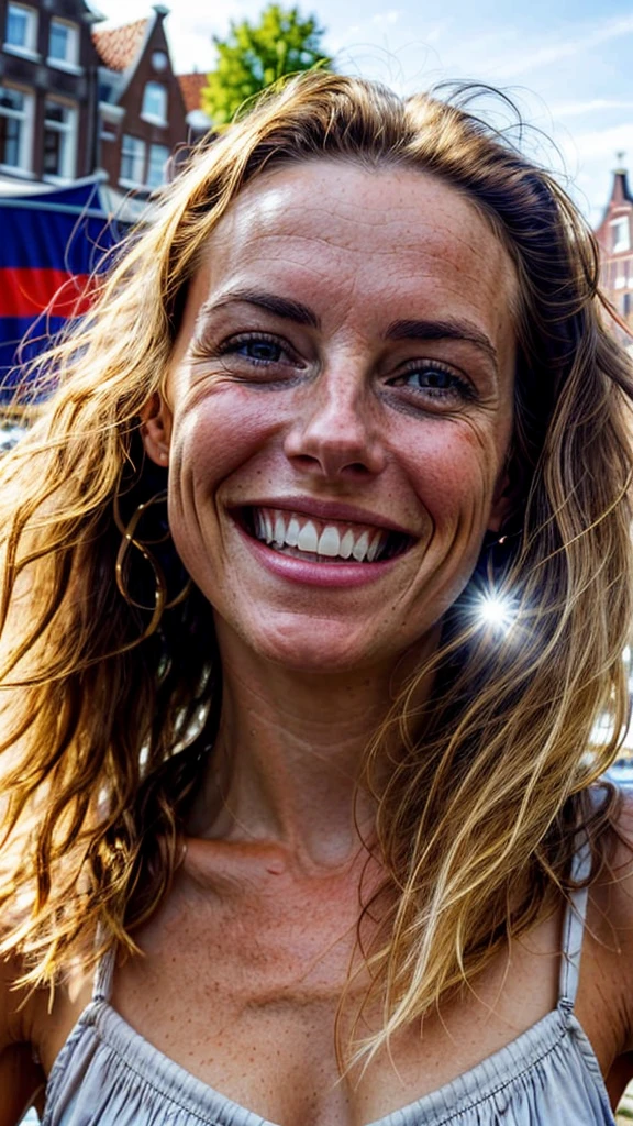 raw closeup of a stunningly beautiful young woman, With a big smile looking by the camera by the canals of holland, shops selling gouda cheese, RAW, 8K, UHD, natural lighting, perfect day, amateur, candid, extreme close up,