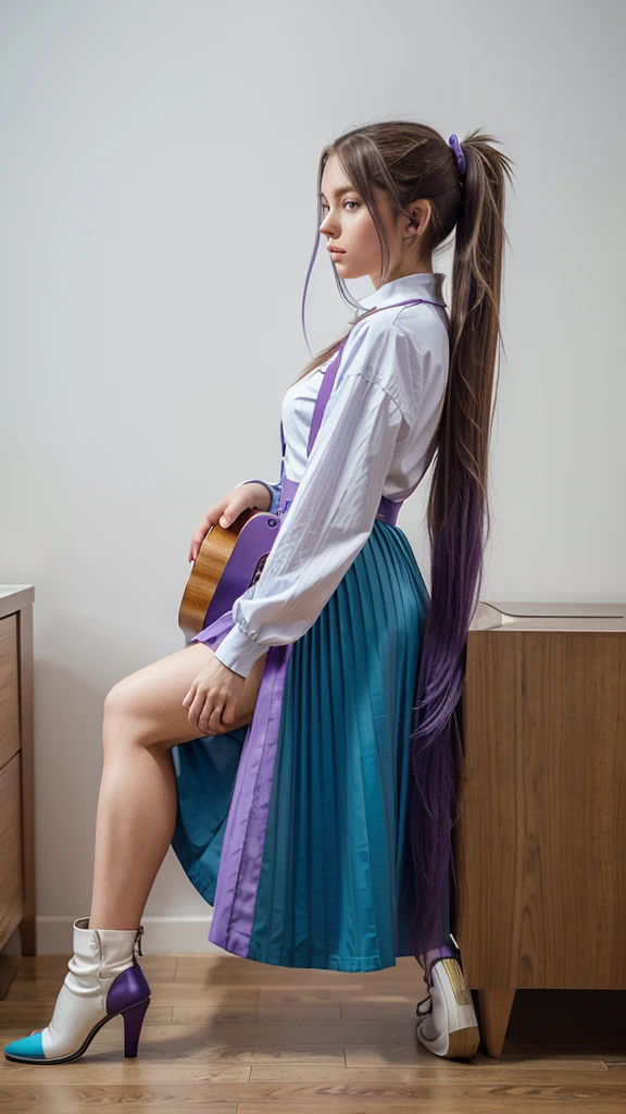 ((masterpiece, best quality))1girl, solo, fashion purple dress modern future, electric guitar, headphones, ponytail, holding, holding plectrum, instrument, very long brown hair rapunzel, music, one side up, teal hair, twin tails, playing guiter, pleated long skirt fashion, fashion dress modern purple and white, interior, full body, purple, sit down in modern retro classic chair, walking, jumping, beautiful boot modern, background simple art future, costume cosplay