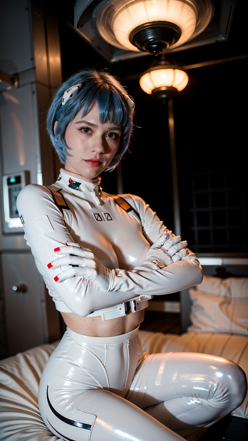 (masterpiece), (best quality), (red eyes), (epiCRealLife), (red lipstick), (show cleavage) (j4nu4ryj0n3s crop top), (young woman), (European Model), (, (ayanami_rei crop top plugsuit), interface headset, white crop top bodysuit),(white gloves) (red eyes), (blue hair), (medium breasts),(flash photography), (natural lights), (ample lights),( light smile), (pose for picture), (white gloves), (light smile), (lying on the space bed), (space station lobby), (squatting poses), (spaceship cockpit), (galaxy scenery),
