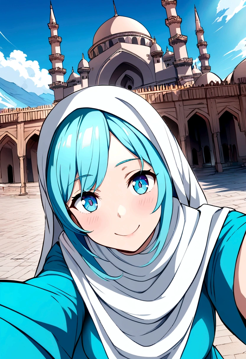 High-resolution anime digital art, Masterpiece, Mature, Humble, Kind, Smart, pupil Aqua blue eyes, wearing white hijab, Wearing long cyan dress, Women's white fabric gloves, female black shoes, happy face, vivid colours, taking selfie in front of a majestic mosque in world.