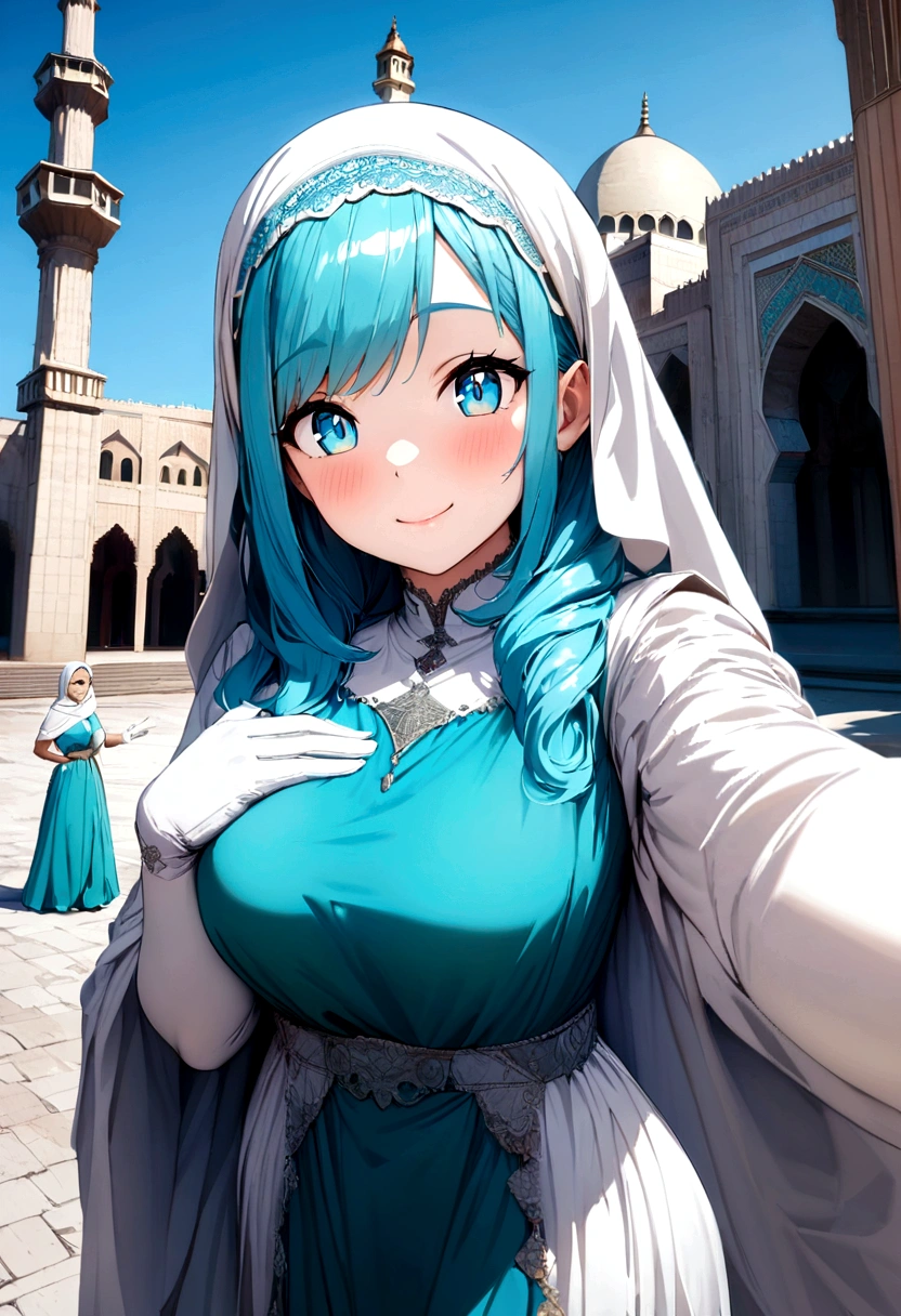 High-resolution anime digital art, Masterpiece, Mature, Humble, Kind, Smart, pupil Aqua blue eyes, wearing white hijab, Wearing long cyan dress, Women's white fabric gloves, female black shoes, happy face, vivid colours, taking selfie in front of a majestic mosque in world.