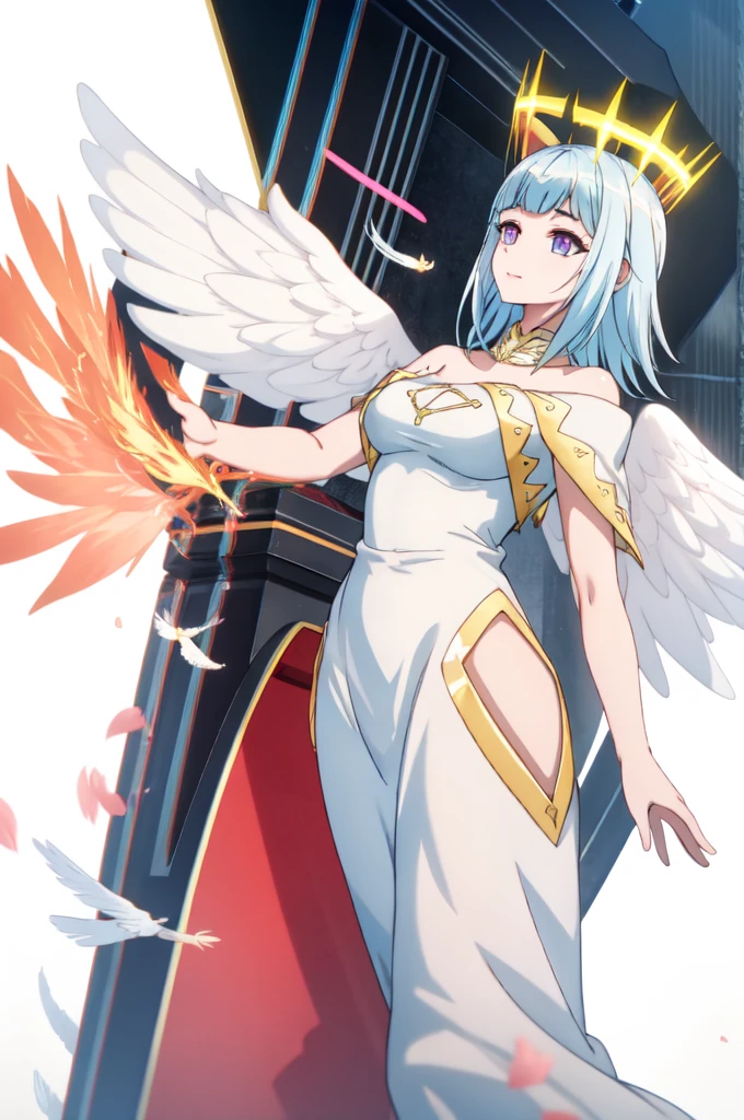 masterpiece, best quality, AltSiaV4, 1girl, solo, white background, dress, wings, halo, feathered wings, angel wings, angel, multiple wings, 