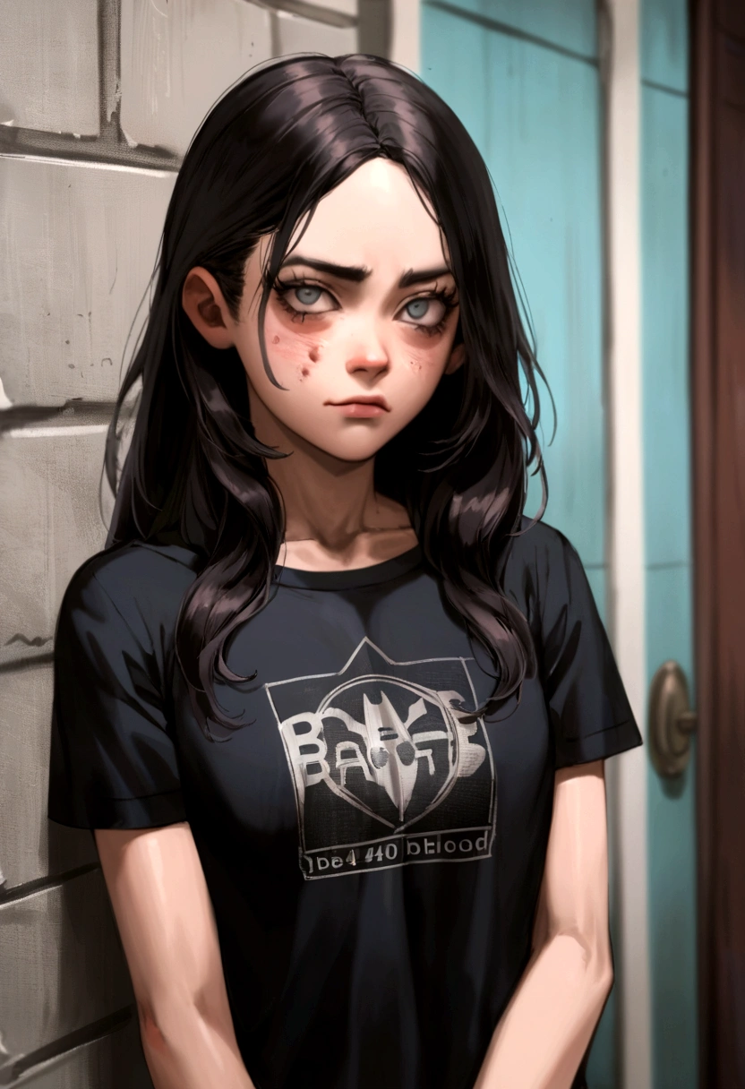 garota, de 14 anos, garota magra uns 40% emo, cabelos longos preto e branco, reference ella Purnell animation batman bad blood