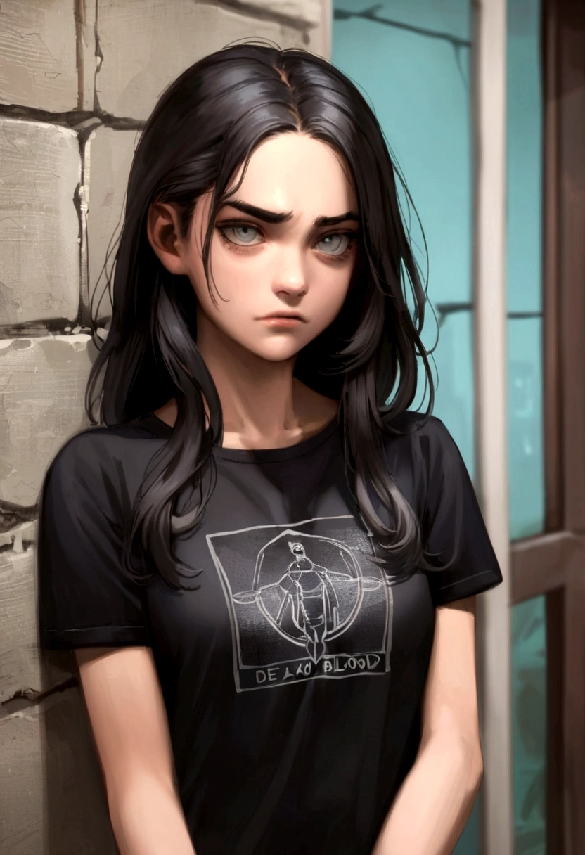 garota, de , garota magra uns 40% emo, cabelos longos preto e branco, reference ella Purnell animation batman bad blood