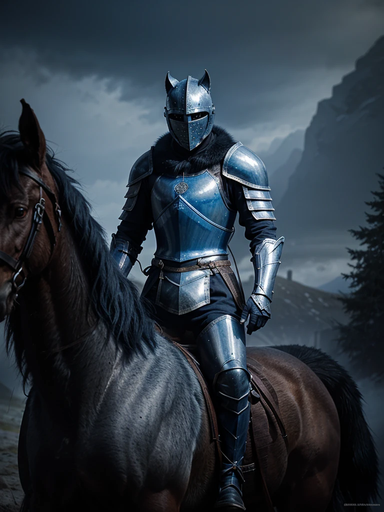 Generate an image of a knight in blue armor, facing forward, wearing a wolf fur coat, atop a horse, by day, in the style of dark fantasy art, in the style of atmospheric paintings, airbrush art