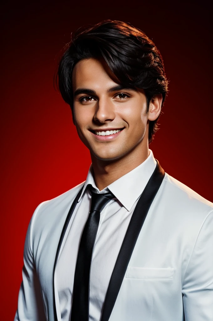 A young man with dark hair and a confident smile. He is dressed in a black blazer over a white shirt. The man is positioned against aqua colour backdrop with a subtle red lighting on the left side. and he posing for LinkedIn profile
