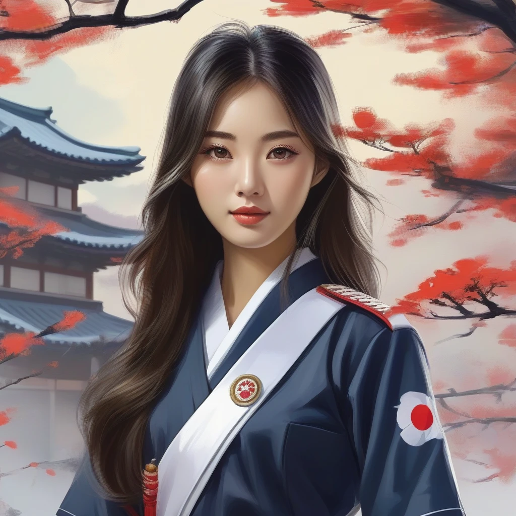 Korean girl, long hair, wearing japan uniform, poses to camera, digital painting