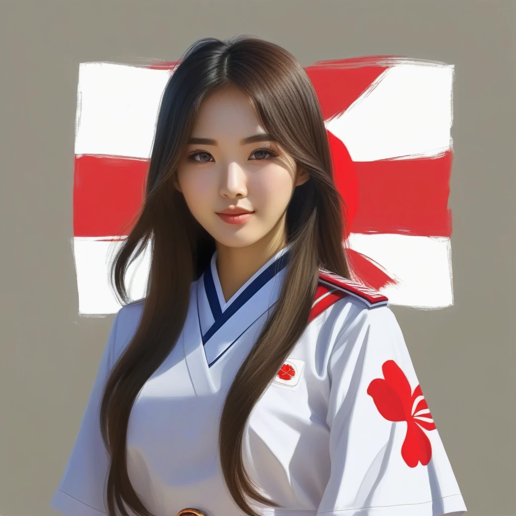 Korean girl, long hair, wearing japan uniform, poses to camera, digital painting