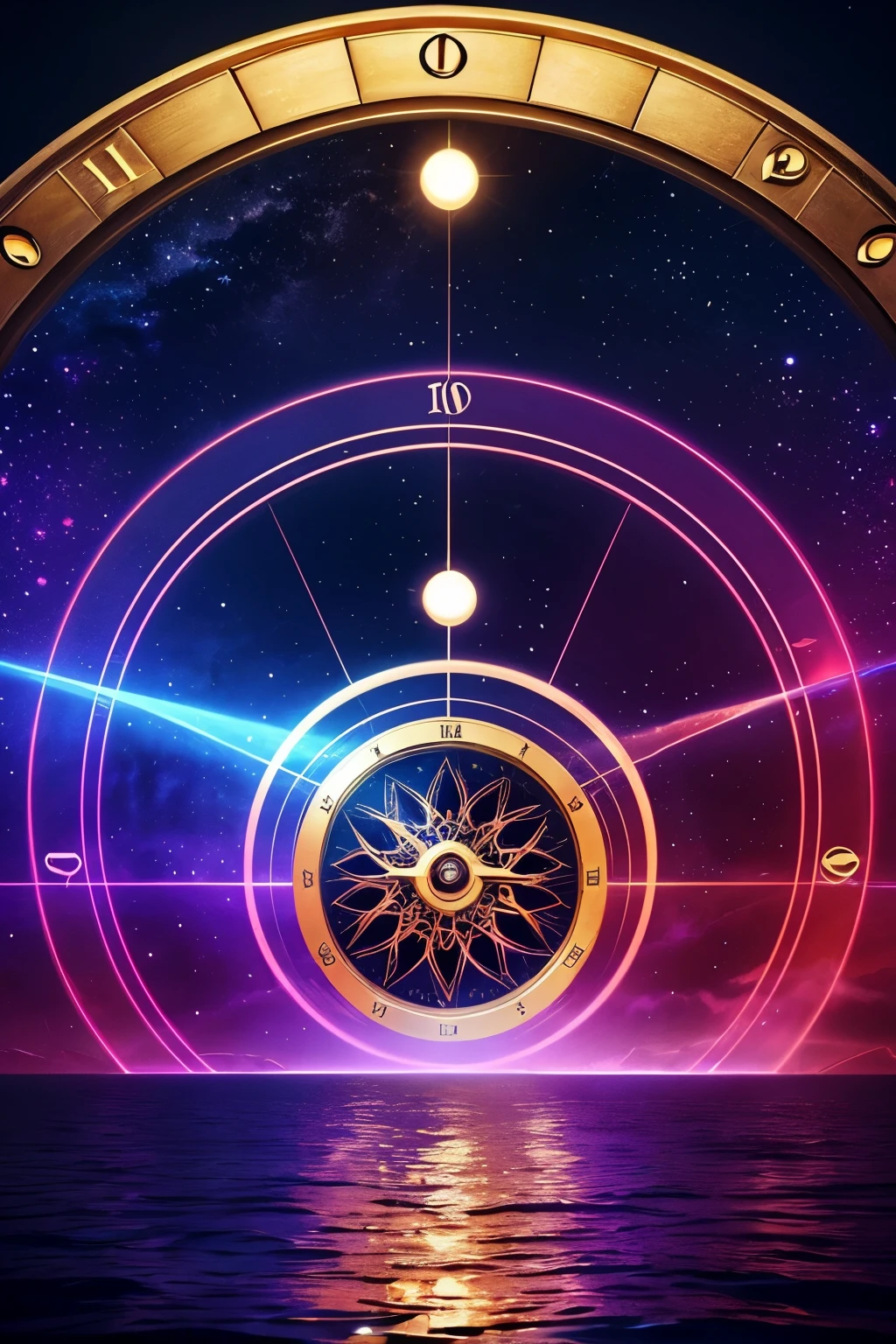 Show clock face with numbers, Cosmic sky with a time portals, Fantasy Art, Concept Art Magic Highlights, Dream Painting, Ethereal Realm, Atmospheric artwork, dreamy matte paintings, clock face in/out of the water, time, timelines, portals, pinks, and gold colors