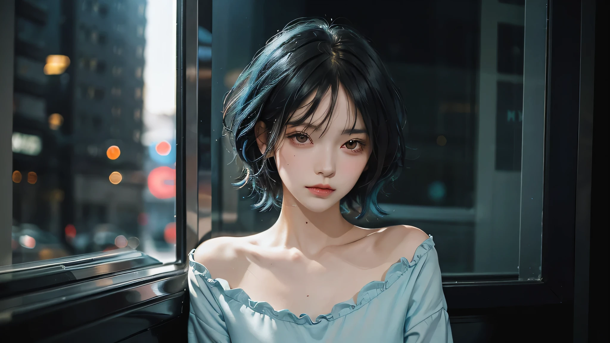 High quality, 16k, 8k, HD, best quality, black and cyan hair color, short hair, perfect face, beautiful, without makeup, restless face, looking out the window, nighttime, midnight, quiet, cyberpunk, nightgown, midnight, feeling uncomfortable, oppai, faceless