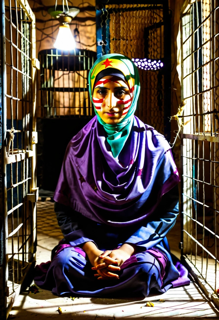 Kurdish girl in straight hijab sitting behind shutter prisoned prison cage abandoned room dark room portrait