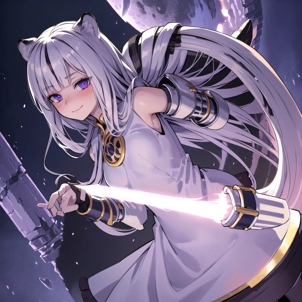 ((masterpiece)), (best quality), (ultra-detailed), photorealistic, (best illustration), ((an extremely delicate and beautiful)), 1girl, solo, long hair, tiger ears, [:tiger tail under:0.2], white hair, two-tone hair, full body, knight armor, crimson glowing details on armor, amulet on neck, Bracelets, crimson crystals in Bracelets, long lilac cape, open eyes, evil purple eyes, looking at viewer, malicious smile, blush, in space, goddess, low twin braids, loosen hair, quiet gesture, white armor, cybernetic armor, hyper detailed space,best illumination. 
