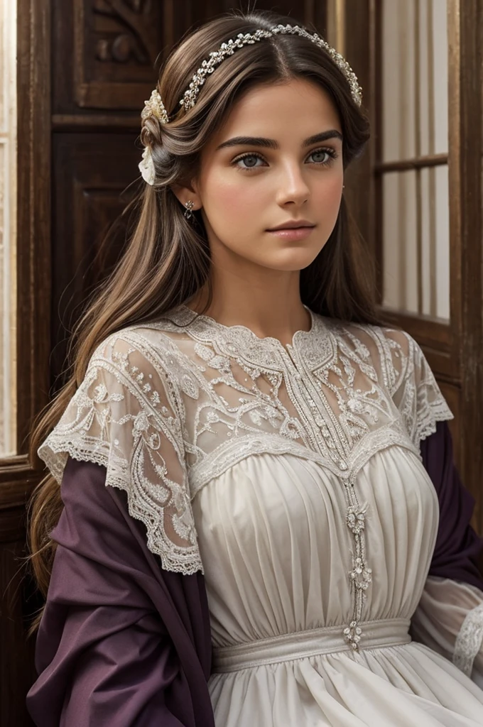 Young man of medium build, de mirada profunda pero tierna, sus ojos de morado lila brillante, como dos canicas de vidrio, piel blanca como la leche, somewhat brown hair.
The style of the image must be associated with the Victorian era; quiero que la imagen se vea ideal para una portada de un libro ideal de ese tipo, al fondo un reino algo oscuro echo de cristal.