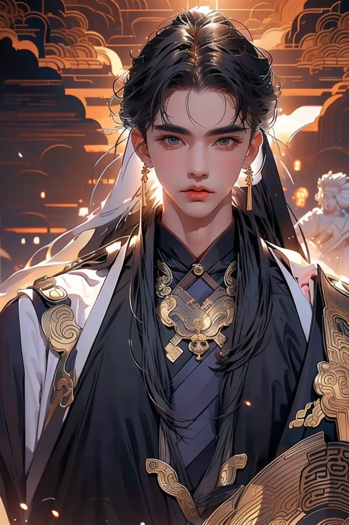 a man in a black robe, young and handsome man, ponytail, long hair, ancient Chinese clothing, qi, a huge saber, ancient Chinese buildings in the background, night, powerful character, purple rays, a beautiful landscape. Detailed face, thick eyebrows, black eyes, 8k, robe embroidered with gold edges, detailed clothing, xianxia, ​​world of cultivation.