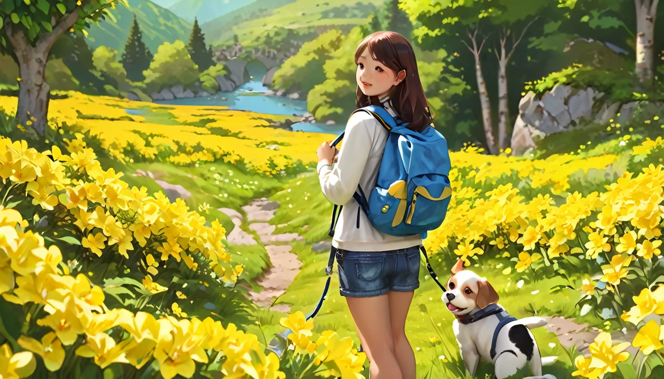 Tips: Very attractive girl with backpack and cute puppy、Enjoying a lovely spring outing surrounded by beautiful yellow flowers and nature。. The illustrations are high definition illustrations with 4K resolution., Featuring highly detailed facial features and cartoon-style visuals.  