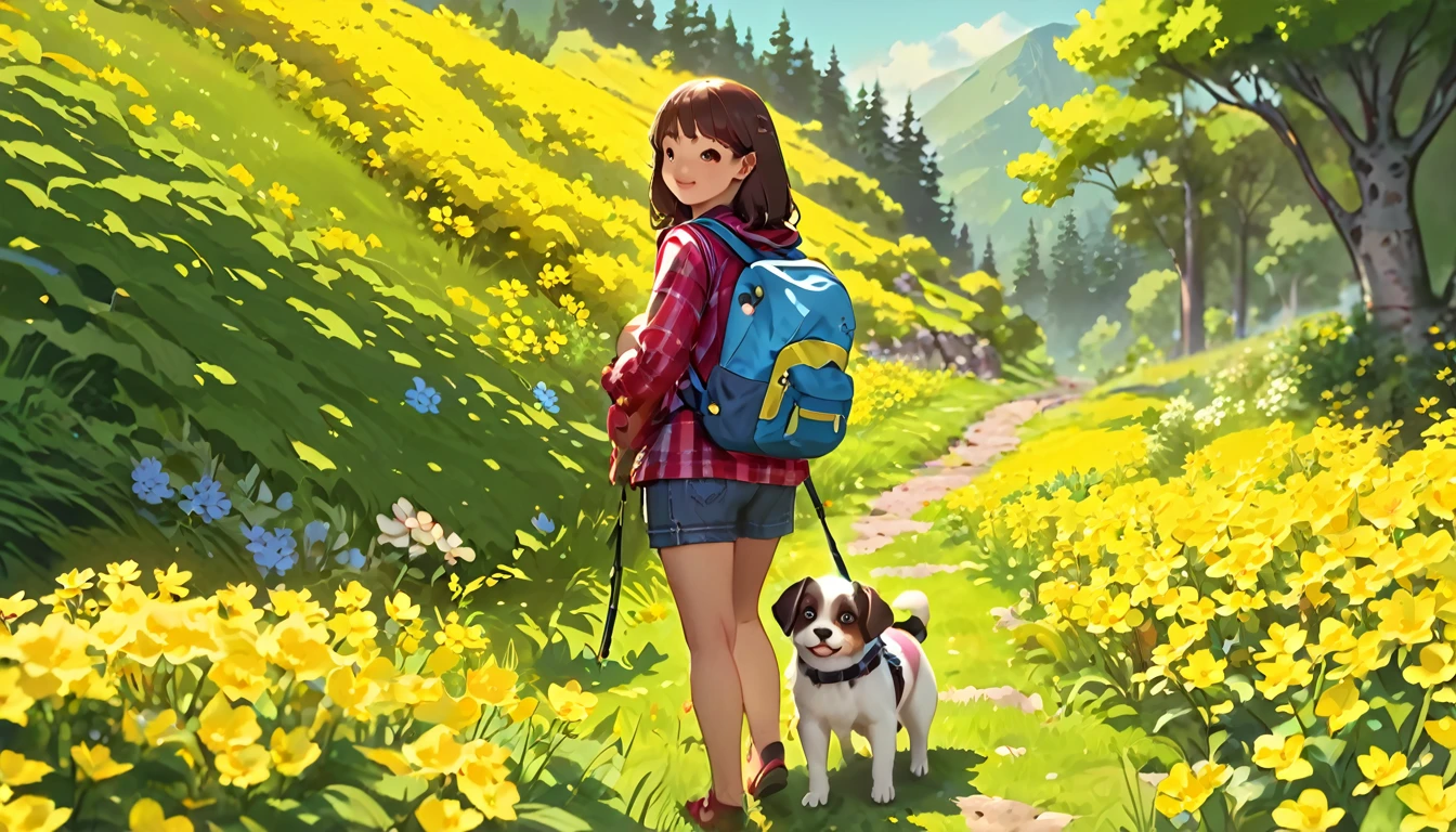 Tips: Very attractive girl with backpack and cute puppy、Enjoying a lovely spring outing surrounded by beautiful yellow flowers and nature。. The illustrations are high definition illustrations with 4K resolution., Featuring highly detailed facial features and cartoon-style visuals.  