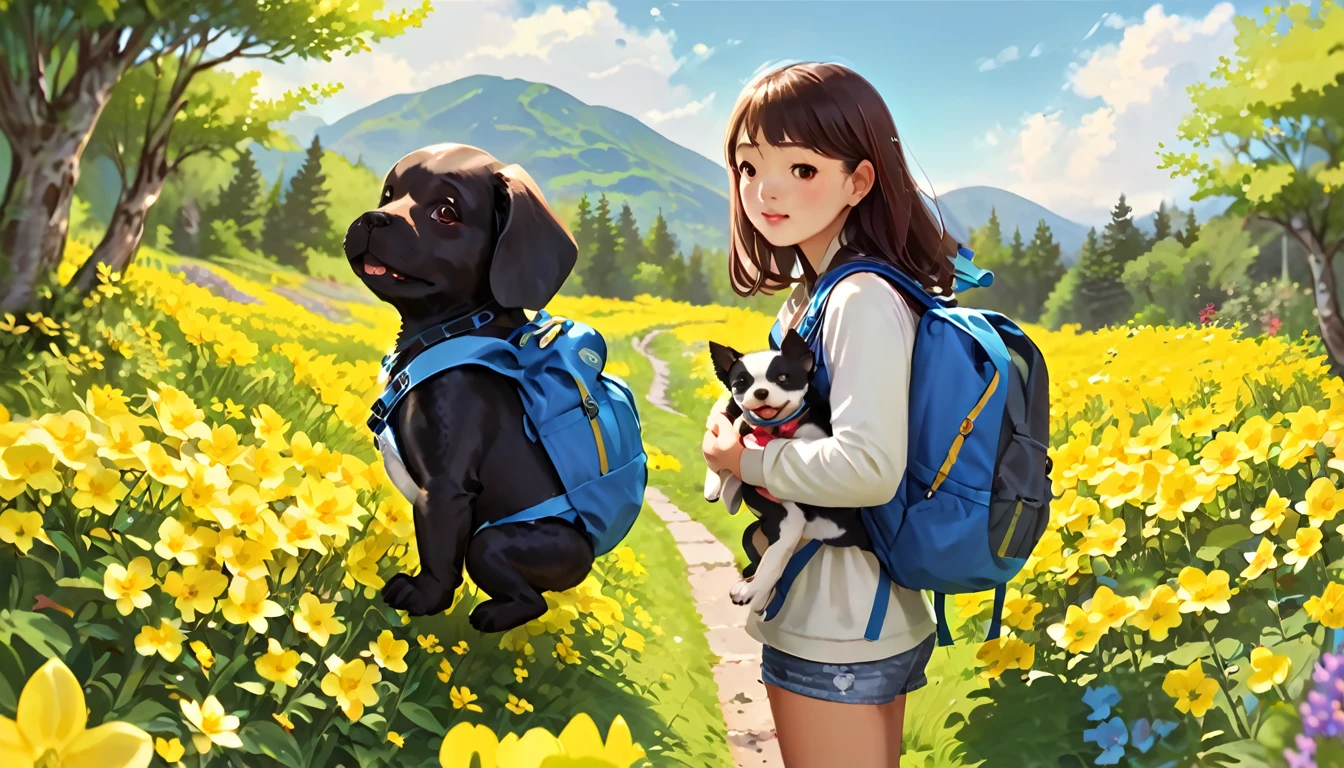 Tips: Very attractive girl with backpack and cute puppy、Enjoying a lovely spring outing surrounded by beautiful yellow flowers and nature。. The illustrations are high definition illustrations with 4K resolution., Featuring highly detailed facial features and cartoon-style visuals.  