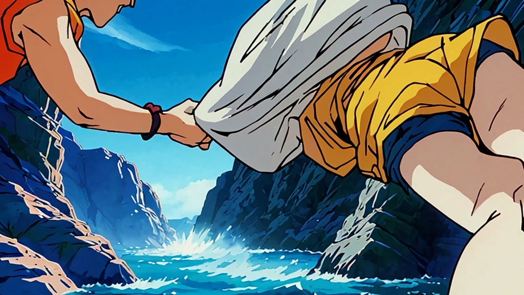 Create an image of Goku and Bulma fighting at 100% of their power in a completely destroyed environment. The scene should depict dynamic action, with energy blasts and shockwaves. The environment should be a devastated landscape with craters, debris, and shattered rocks from their intense combat. Both characters should exhibit fierce determination and be surrounded by powerful auras of energy, indicating their maximum strength. The sky should be dramatic, with swirling clouds and lightning, emphasizing the epic nature of the battle. The overall setting should convey a sense of intense destruction and chaos.