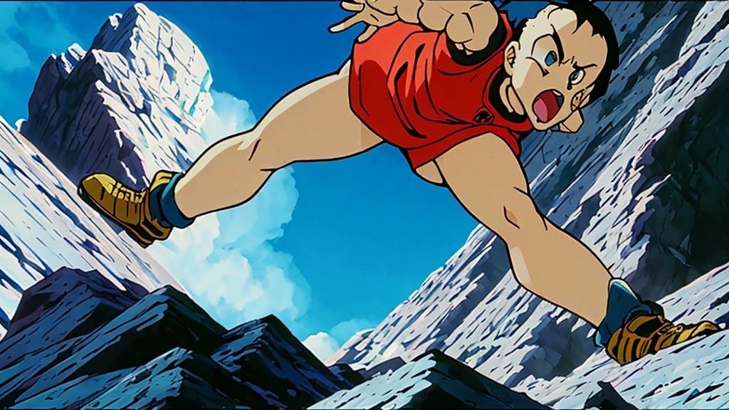 Create an image of Goku and Bulma fighting at 100% of their power in a completely destroyed environment. The scene should depict dynamic action, with energy blasts and shockwaves. The environment should be a devastated landscape with craters, debris, and shattered rocks from their intense combat. Both characters should exhibit fierce determination and be surrounded by powerful auras of energy, indicating their maximum strength. The sky should be dramatic, with swirling clouds and lightning, emphasizing the epic nature of the battle. The overall setting should convey a sense of intense destruction and chaos.