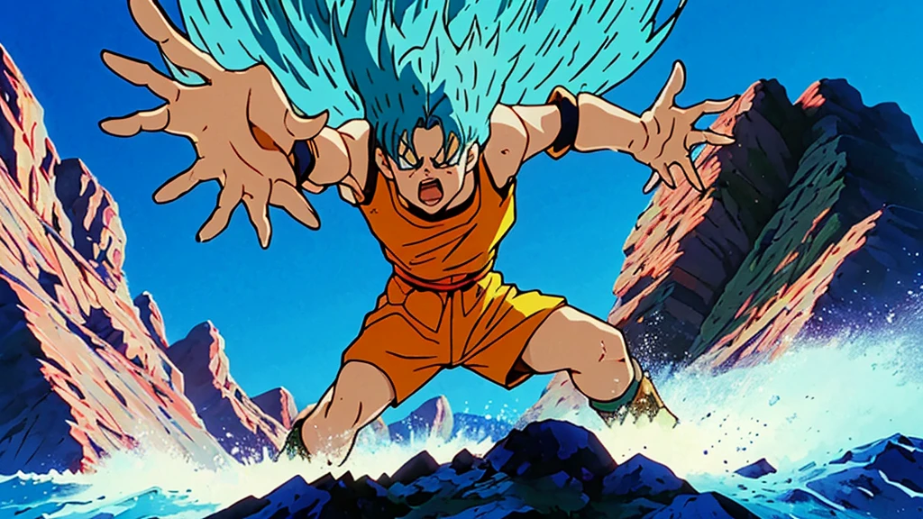 Create an image of Goku and Bulma fighting at 100% of their power in a completely destroyed environment. The scene should depict dynamic action, with energy blasts and shockwaves. The environment should be a devastated landscape with craters, debris, and shattered rocks from their intense combat. Both characters should exhibit fierce determination and be surrounded by powerful auras of energy, indicating their maximum strength. The sky should be dramatic, with swirling clouds and lightning, emphasizing the epic nature of the battle. The overall setting should convey a sense of intense destruction and chaos.