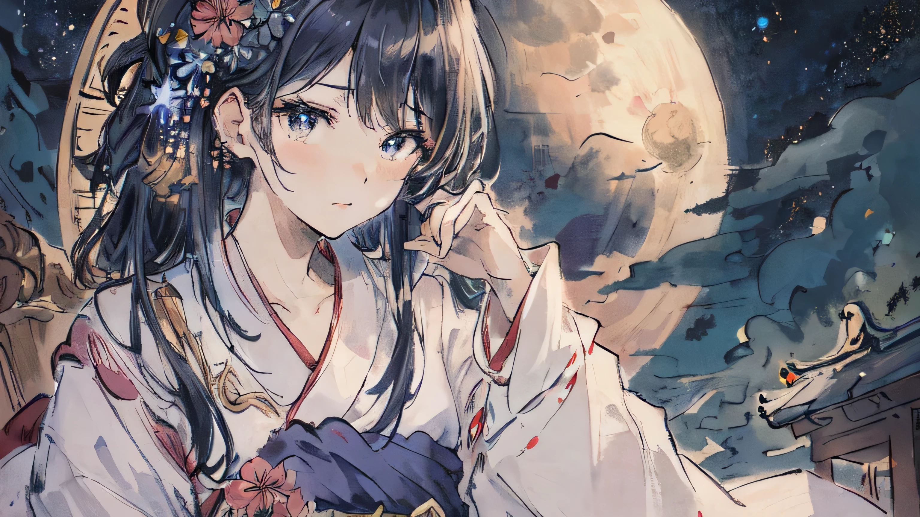 masterpiece,highest quality,((Super Detailed Woman1name)),Super detailed face,yukata,Sitting,Night Sky,moon,Fantasy,Calm,nebula,((Close-up))