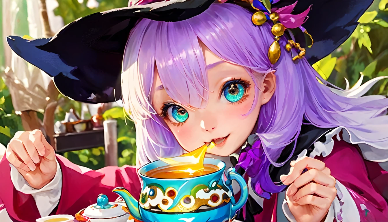 masterpiece, Highest quality, magic使いのティーパーティー, magic tea party, magic, Little, Handsome witch, Highly detailed realistic eyes, Happy, Vibrant, colorful,