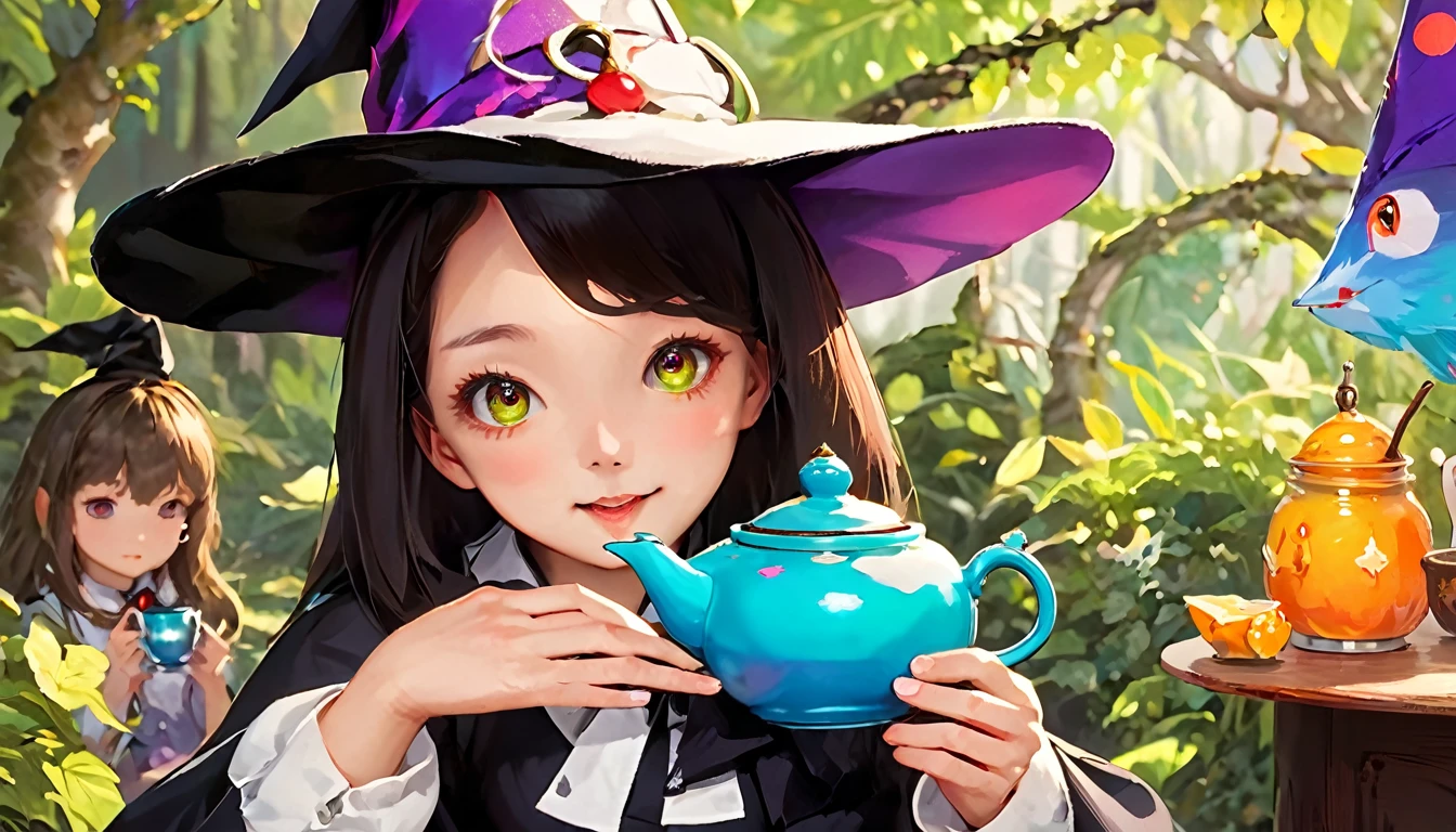 masterpiece, Highest quality, magic使いのティーパーティー, magic tea party, magic, Little, Handsome witch, Highly detailed realistic eyes, Happy, Vibrant, colorful,