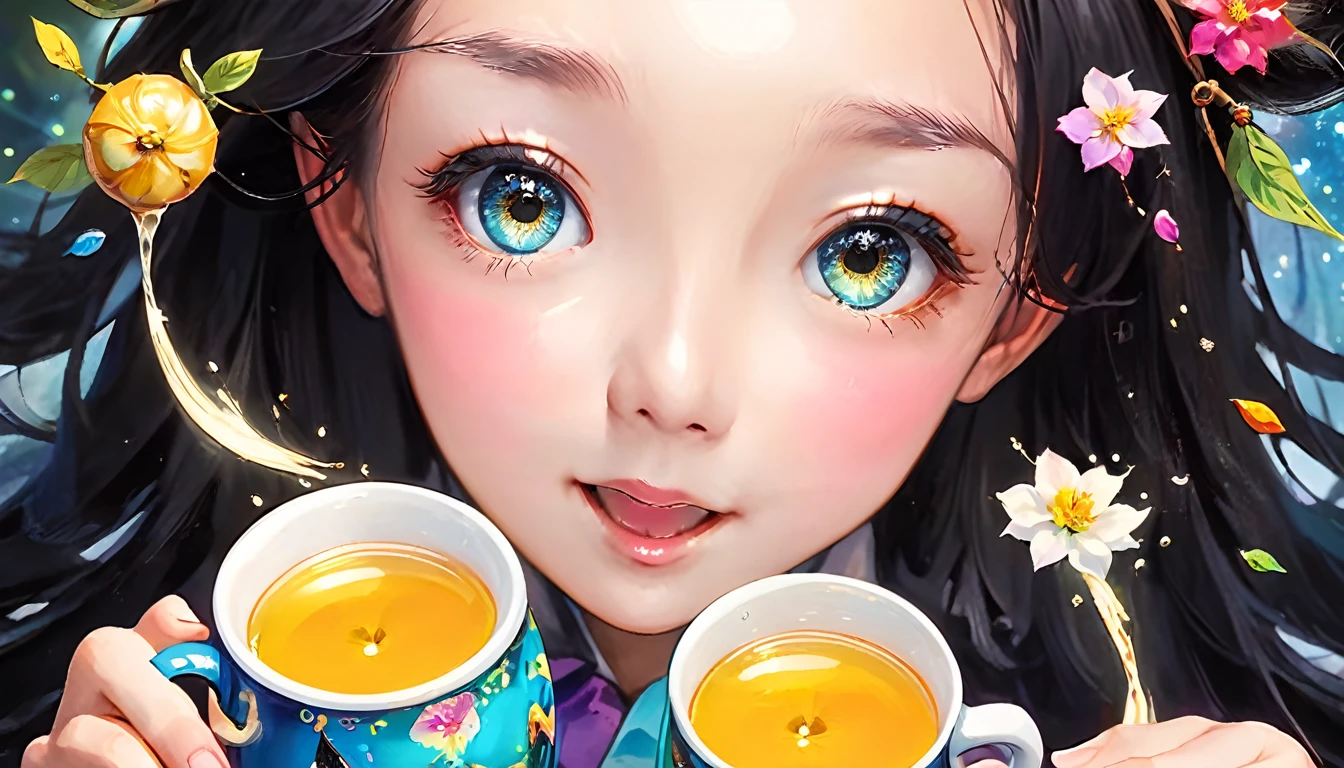 masterpiece, Highest quality, magic使いのティーパーティー, magic tea party, magic, Little, Handsome witch, Highly detailed realistic eyes, Happy, Vibrant, colorful,