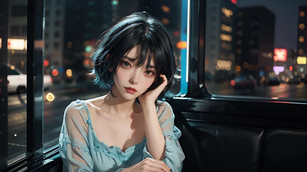 High quality, 16k, 8k, HD, best quality, black and cyan hair color, short hair, perfect face, beautiful, without makeup, restless face, looking out the window, nighttime, midnight, quiet, cyberpunk, nightgown, midnight, feeling uncomfortable, oppai, faceless 