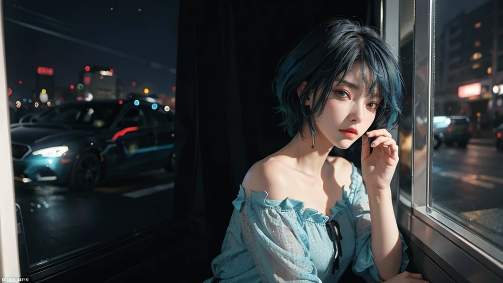 High quality, 16k, 8k, HD, best quality, black and cyan hair color, short hair, perfect face, beautiful, without makeup, restless face, looking out the window, nighttime, midnight, quiet, cyberpunk, nightgown, midnight, feeling uncomfortable, oppai, faceless 